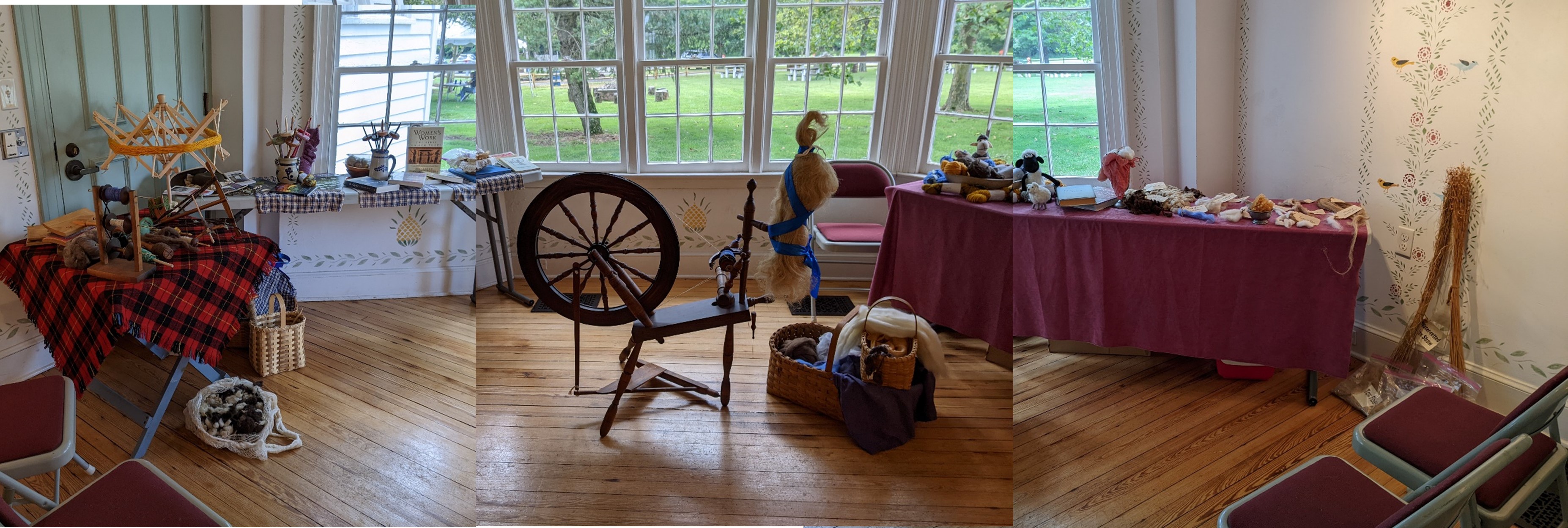 Composite Photo of My Spinning Lecture Display for School of the Loyalist, East Jersey Olde Towne Village, July 2023.