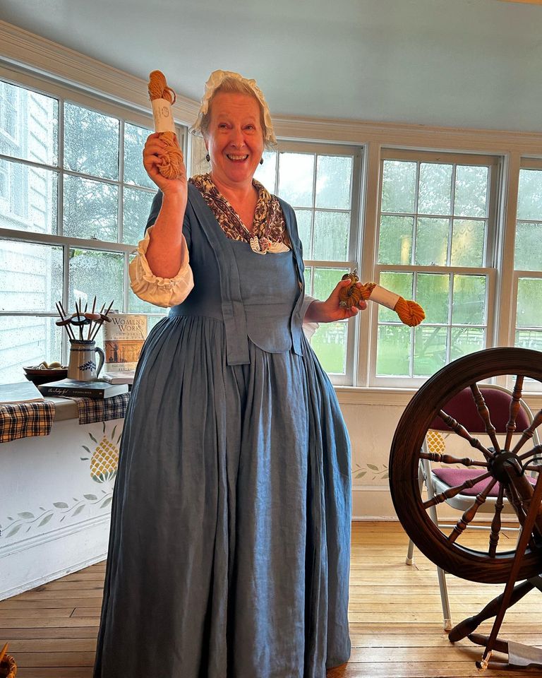 Showing off hand-dyed yarns at The School of the Loyalist, East Jersey Olde Town Village, July 2023.