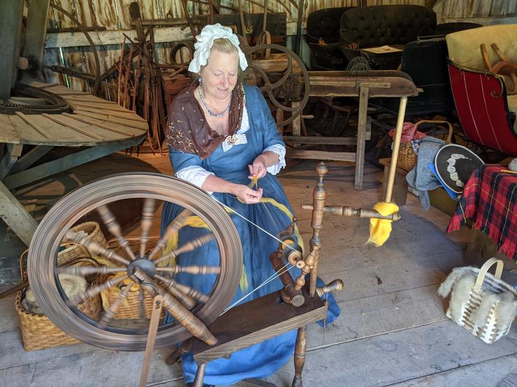 Spinning in the barn during Rombout Days event at the Brinckerhoff House Historic Site, September 2021.